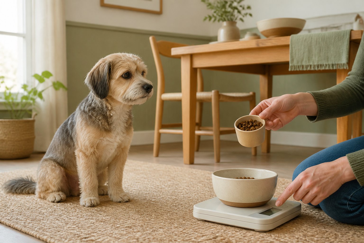 犬の食事量をキッチンスケールで量る編集部作成イメージ
