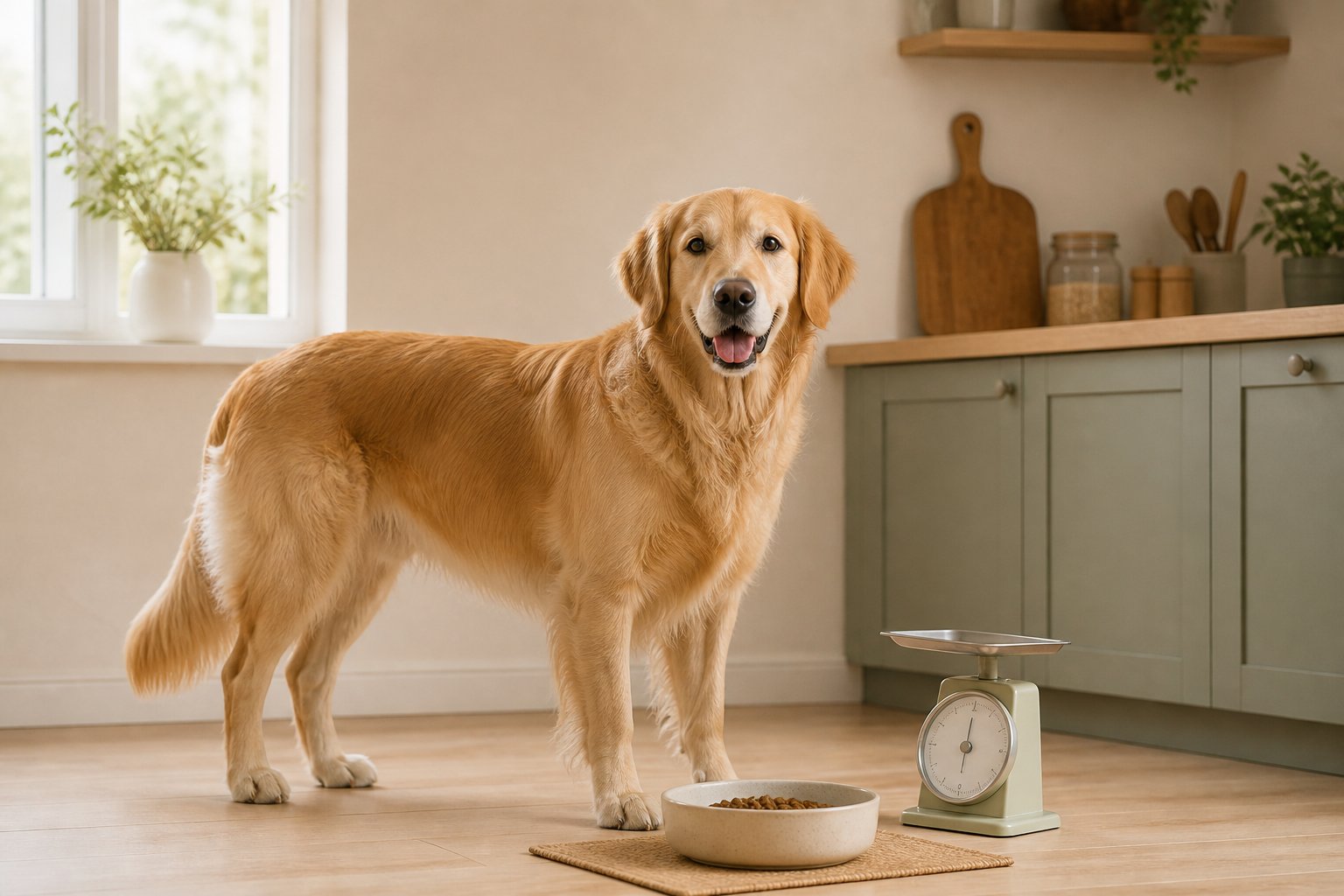 大型犬の食事量をキッチンスケールと器で確認する編集部作成イメージ