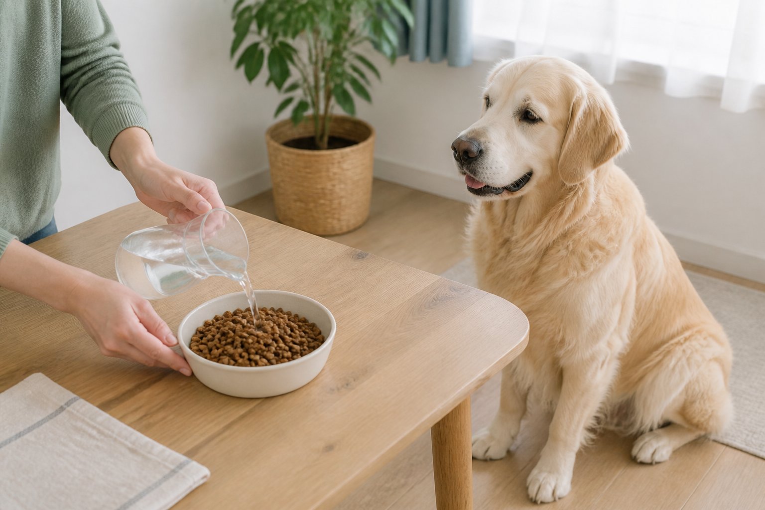 大型犬のドライフードを水でふやかして準備する編集部作成イメージ