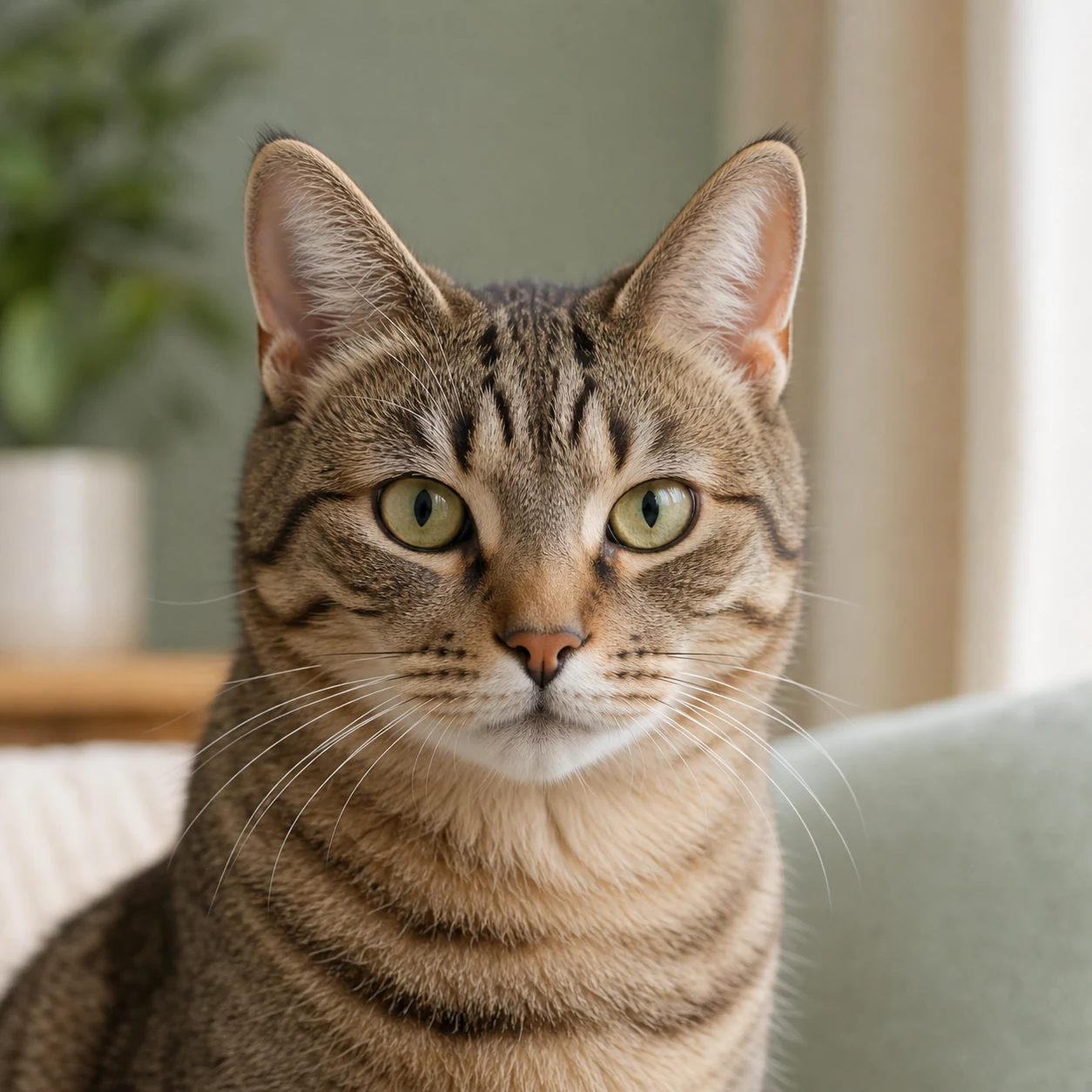 顔のアップでこちらを見るキジトラ猫