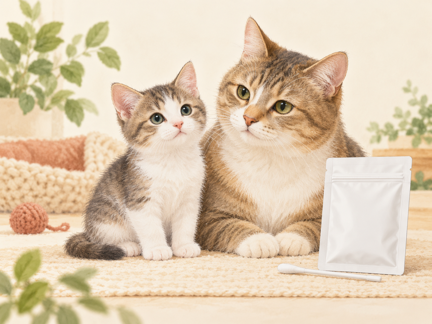 母猫のそばで過ごす子猫と検査を連想させる無地の綿棒・袋の編集部作成イメージ