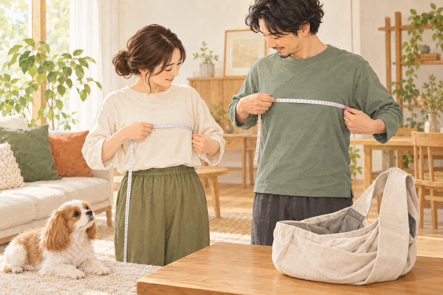 体格の異なる二人が胸囲を測り、小型犬用の布製スリングと比べている編集部作成イラスト