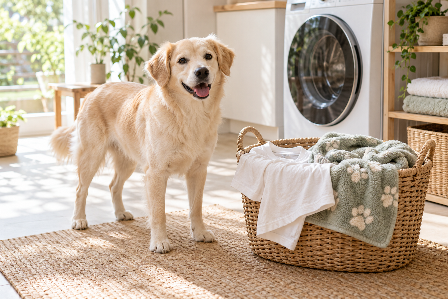 犬のそばに洗濯かごと衣類がある家庭の洗濯スペースを描いた編集部作成イメージ