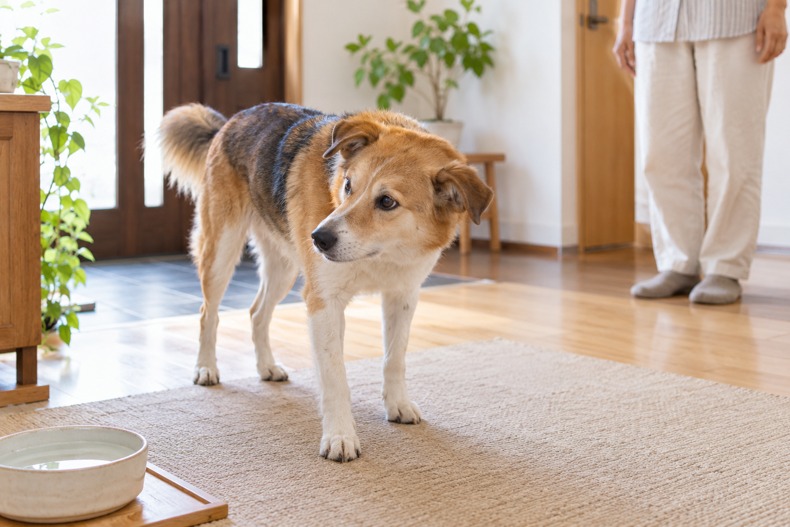 家の中を確認する犬と少し離れて見守る人