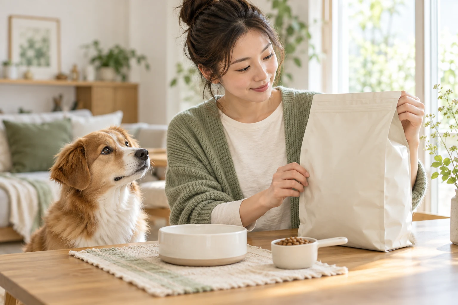飼い主が無地のフード袋と計量スプーンを確認する編集部作成イメージ