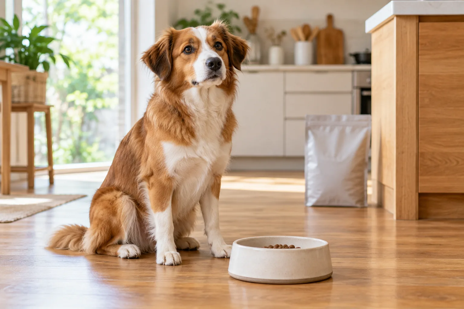 食器のそばで待つ犬とフード袋を描いた編集部作成イメージ