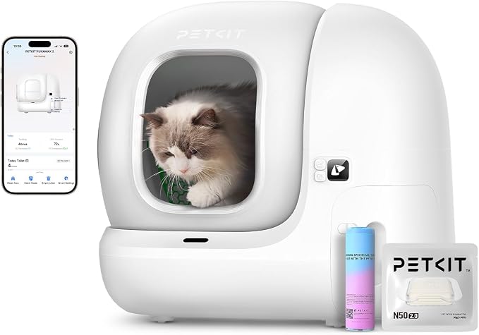 PETKIT PURE MAX2 P9902の公式商品画像。円筒型の猫用自動トイレとアプリ