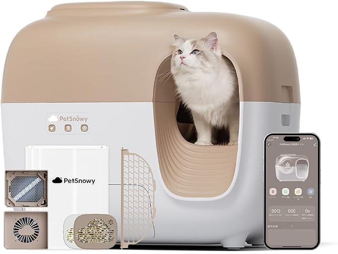 PetSnowy PS001の公式商品画像。猫用自動トイレとスマートフォンアプリ