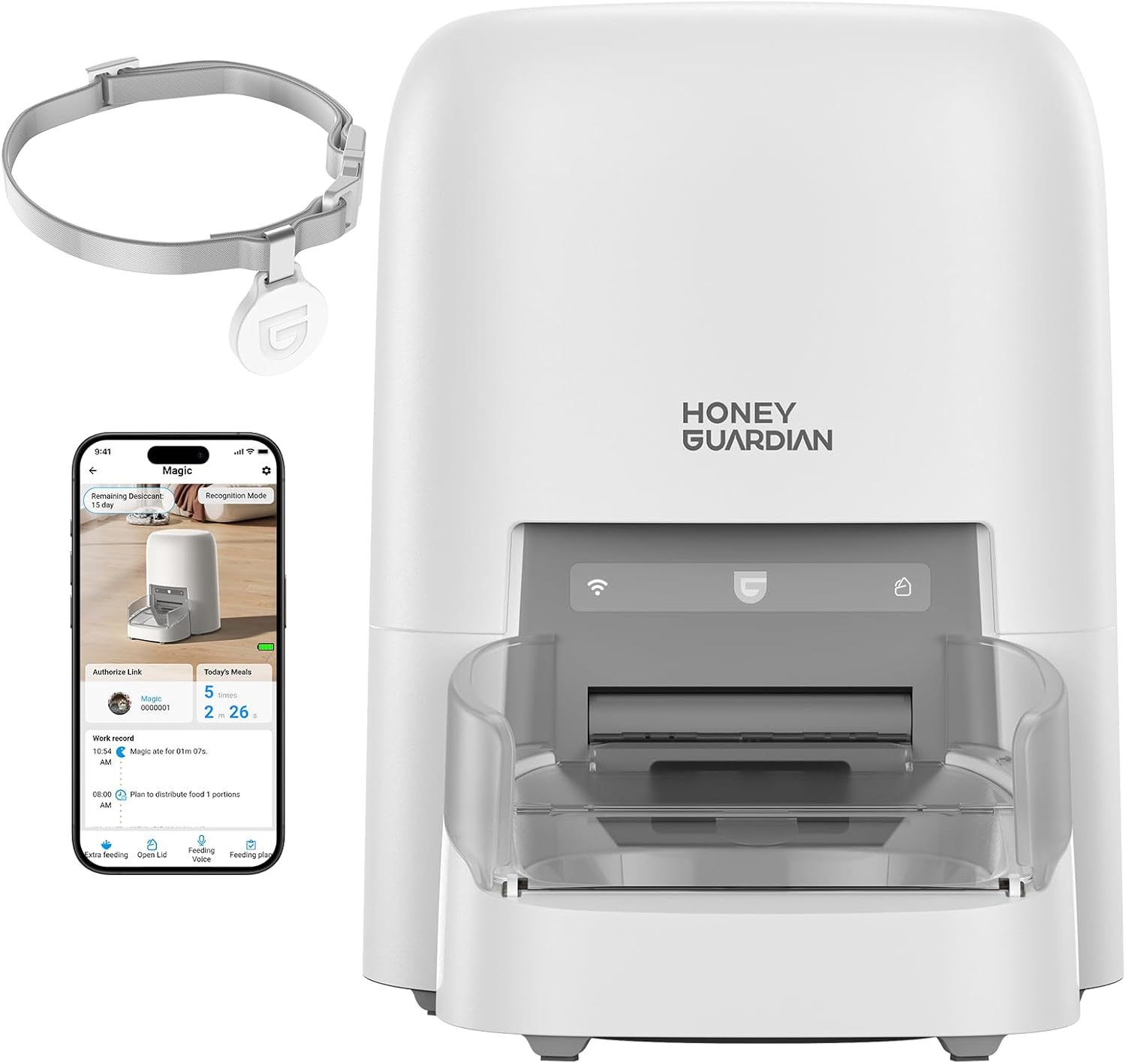 HoneyGuaridan RFID自動給餌器と首輪タグ・アプリ画面の公式商品画像