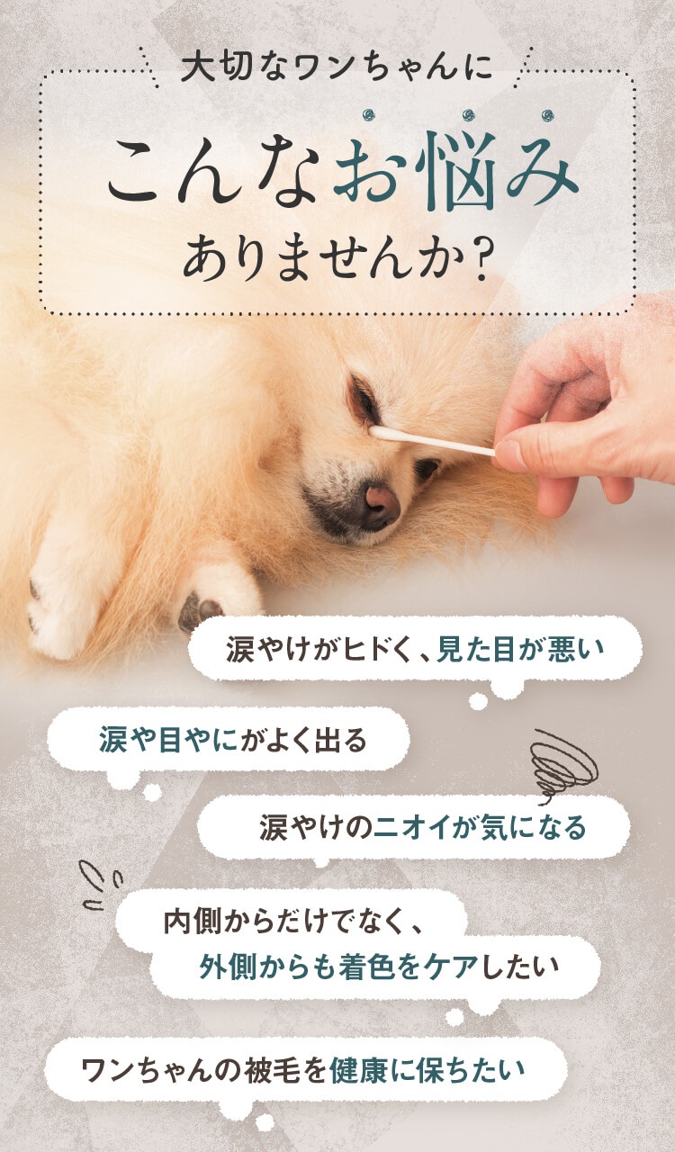 涙やけクリア公式サイトに掲載されている犬の目元ケアの悩みと使用イメージ