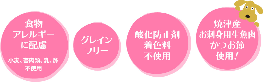 ドッグフードおさかなの食物アレルギー配慮と魚素材を紹介する公式画像