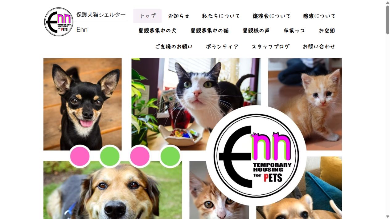 Enn保護犬猫シェルター公式サイトのトップページ