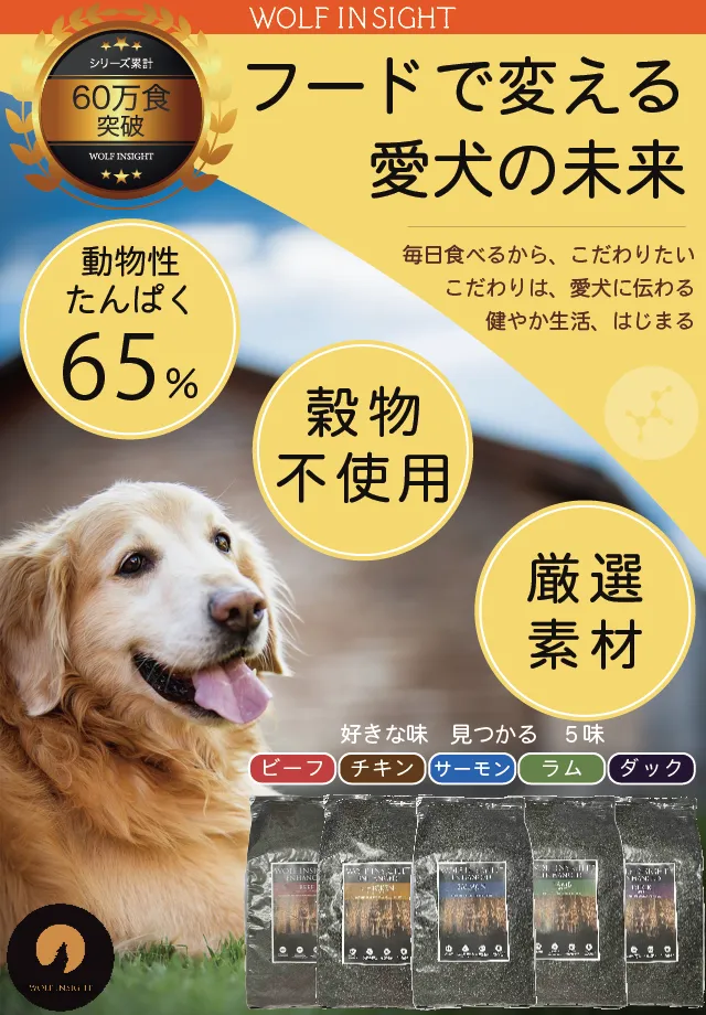WOLF INSIGHT公式LPのメインビジュアル。犬用フードと5種類の味が紹介されている